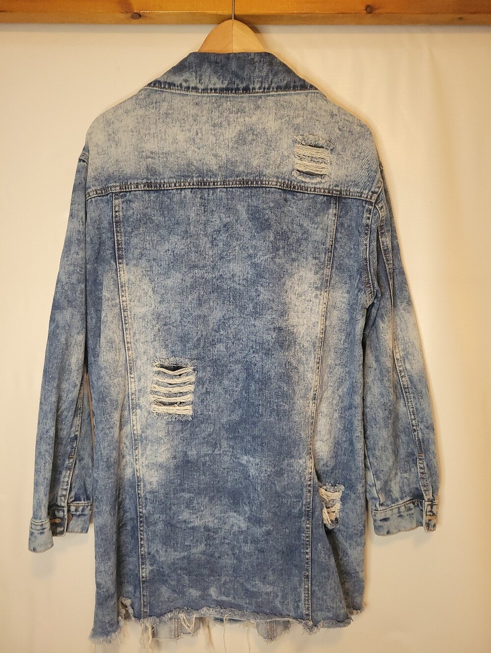Revamped Light Blue Acid Wash Distressed Long Jean Jacket - Picture 3 of 7